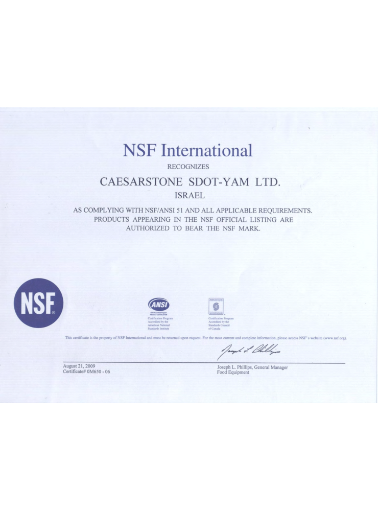 Caesarstone. Certificate by the international organization NSF International